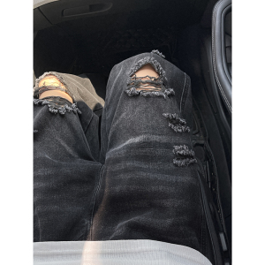 水洗膝盖破洞牛仔裤男潮牌痞帅美式高街vibe裤子设计感微喇乞丐裤图片