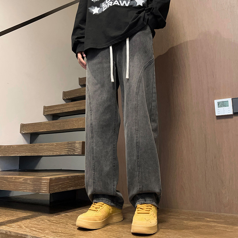 春秋季男女款拼接松紧腰复古牛仔长裤XZ503-1K822P55控78图片