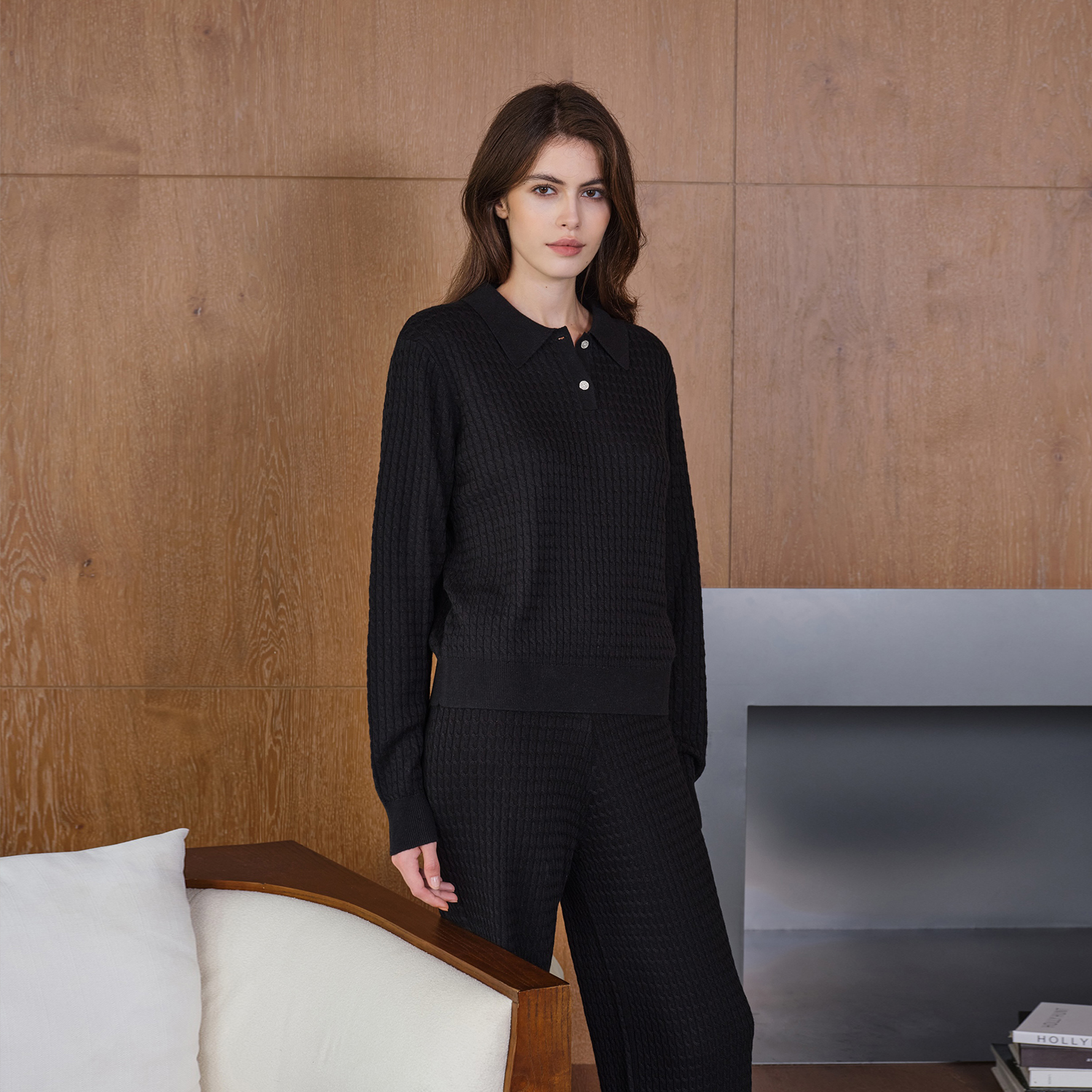 针织桑蚕丝羊绒睡衣Polo领