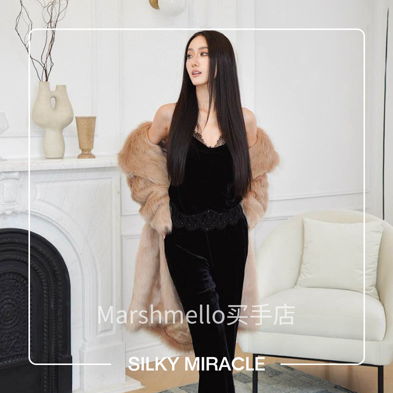 [6折]SILKY MIRACLE丝绒吊带长睡裤RENAISSANCE真丝拼蕾丝荡领家