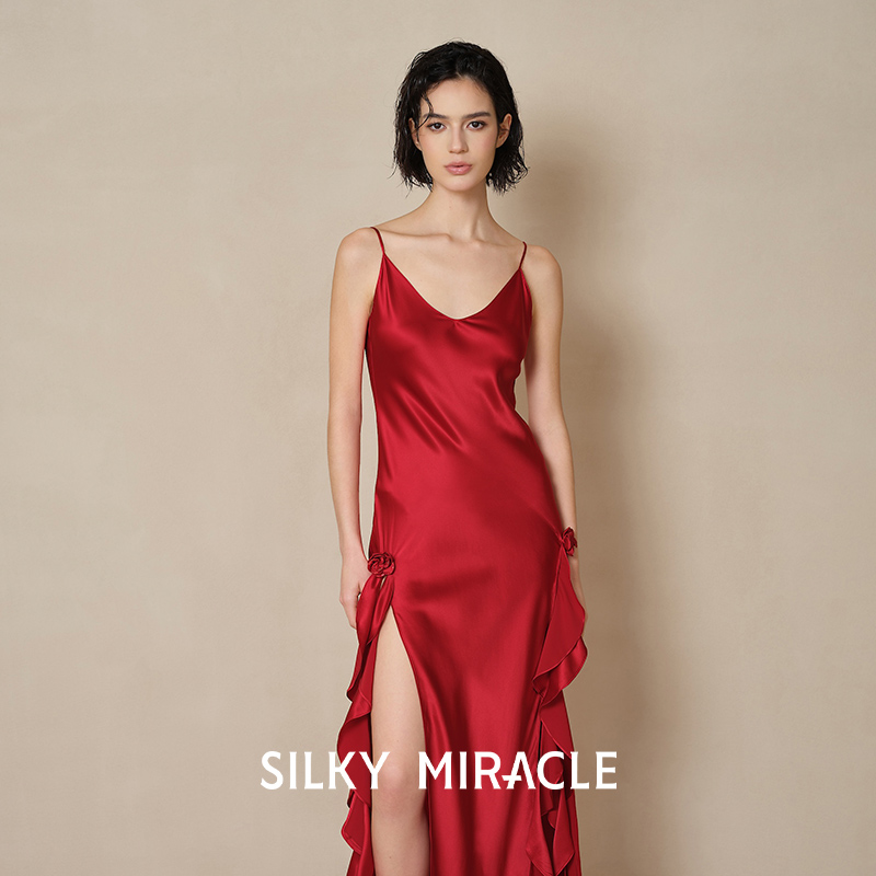SILKY MIRACLE真丝睡裙London Rose荷叶边玫瑰花桑蚕丝吊带长款