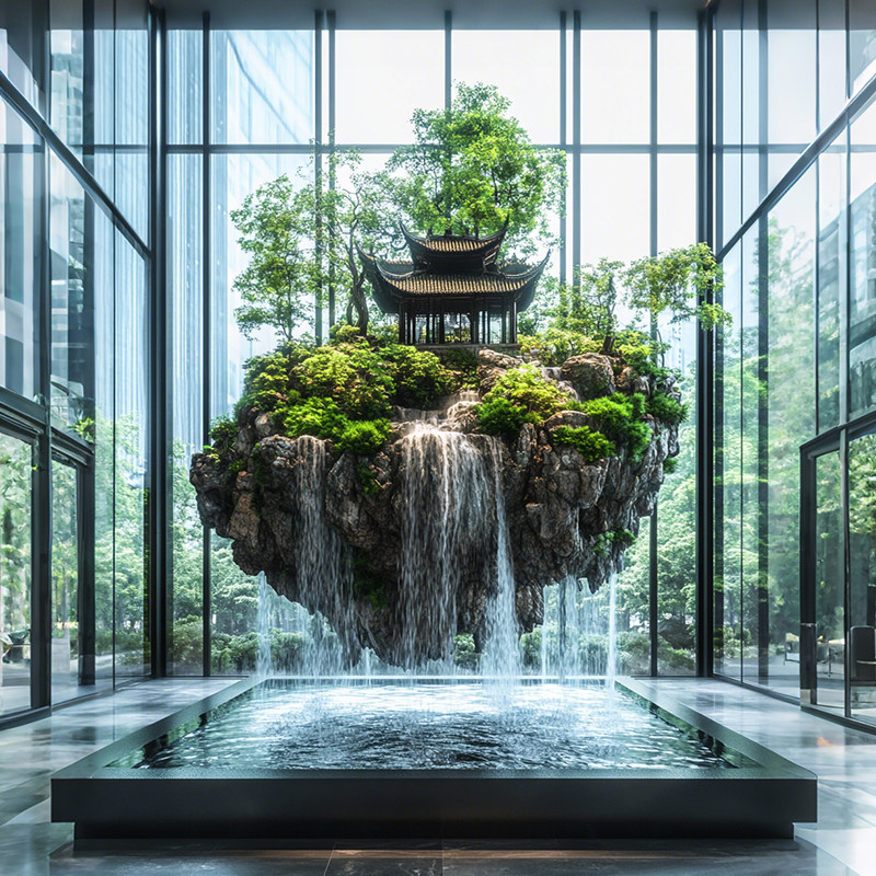 海虹景观大型悬浮假山流水景观空间设计网红财神殿植物造景装饰