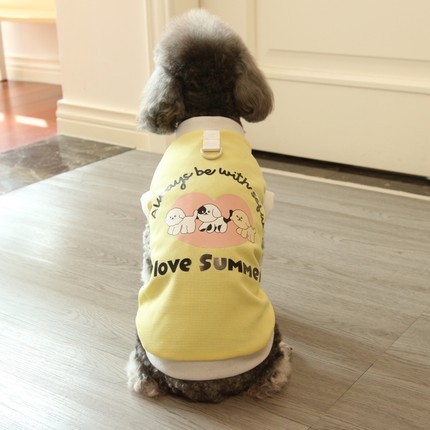 狗狗衣服春夏款可牵引华夫格卡通印花小型犬比熊泰迪宠物衣服春季