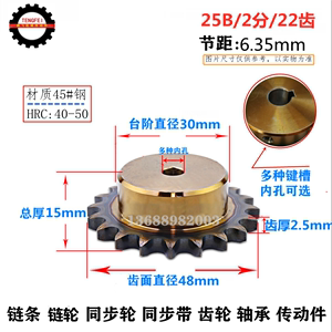 25B/2分 22齿高精链轮 45号钢淬火带台标准件带键槽选孔直径48