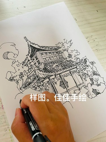 纯手绘亭子速写 A3照片转手绘定做 拍前联系7