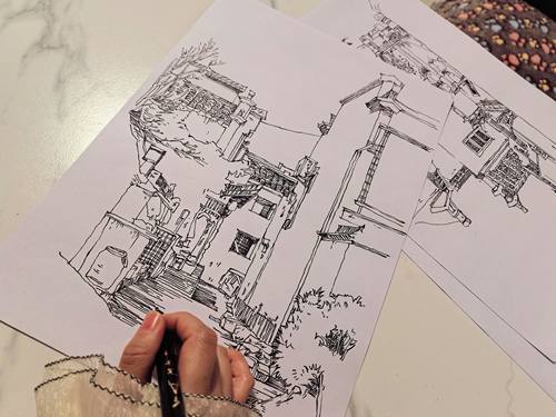 纯手绘速写风景现货包邮 A3太行山宏村速写定做速写004