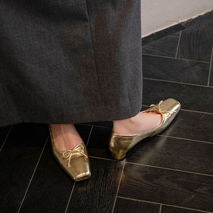 2025年新款 小跟方头3厘米时髦简约法式 金色中跟单鞋 全牛皮芭蕾鞋