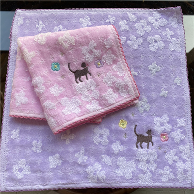 出口日本原单 卡通黑猫刺绣 花朵全棉柔软 蕾丝边吸水 小方巾手帕