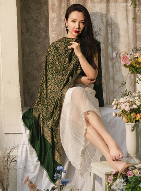 NagarNan-咖标X系列收藏级墨绿重工藤蔓满绣克什米尔披肩 18751#