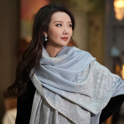 NagarNan-pashmina系列两端刺绣Pallu刺绣刺绣克什米尔羊绒披肩