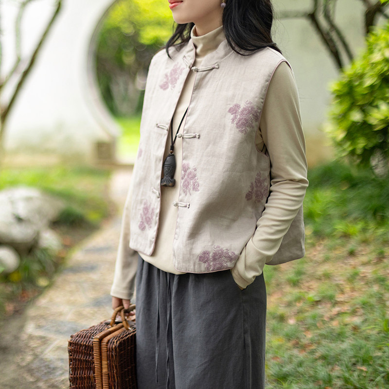 念江南国风百搭亚麻刺绣新中式马甲复古立领盘扣无袖背心上衣女