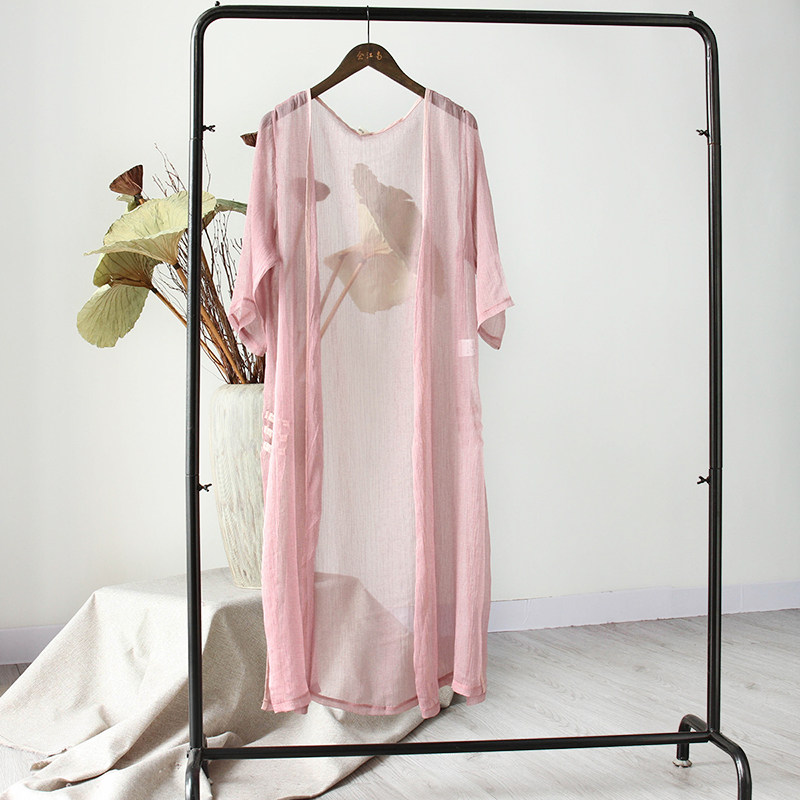 念江南2025新款民族风文艺复古中袖防晒衣女纯色中长款开衫薄外套