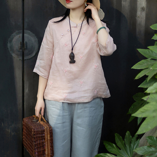 念江南文艺苎麻刺绣新中式小衫上衣女复古重工立领斜襟中袖衬衫春