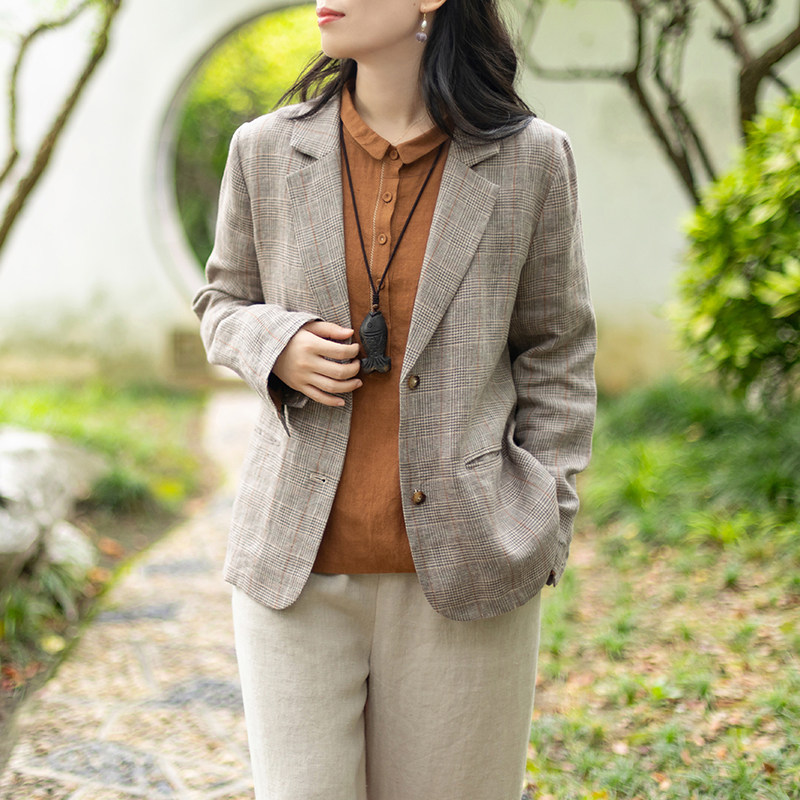念江南文艺设计感气质亚麻西装外套女复古格纹休闲长袖开衫上衣