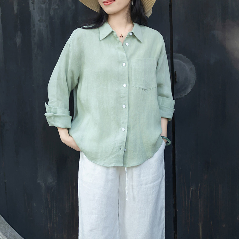 念江南松弛极简风亚麻衬衫女翻领长袖棉麻衬衣通勤气质显瘦上衣