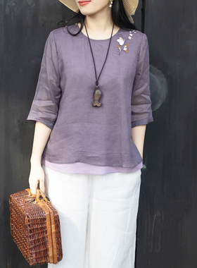 念江南轻盈松弛苎麻上衣女夏刺绣五分袖复古圆领宽松双层棉麻衬衫