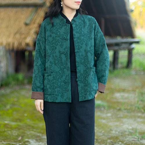 肌理感棉麻提花盘扣立领宽松棉服