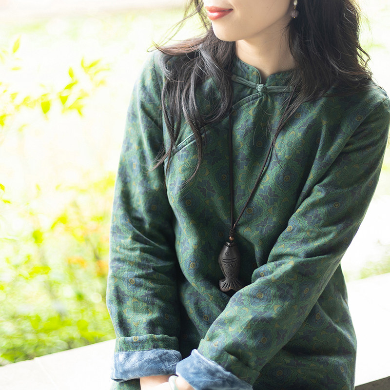 念江南复古重工香云印花亚麻加绒新中式连衣裙女显瘦加厚改良旗袍