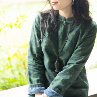 念江南复古重工香云印花亚麻加绒新中式连衣裙女显瘦加厚改良旗袍