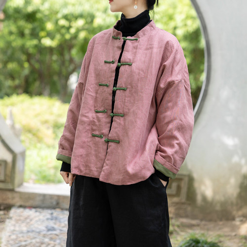 念江南设计感原创亚麻新中式盘扣条纹宽松棉服女小众棉麻女装棉衣