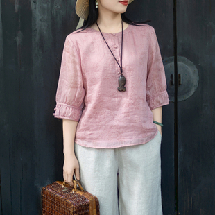念江南苎麻上衣女轻盈温婉慵懒烧花廓形衬衫文艺气质圆领设计感