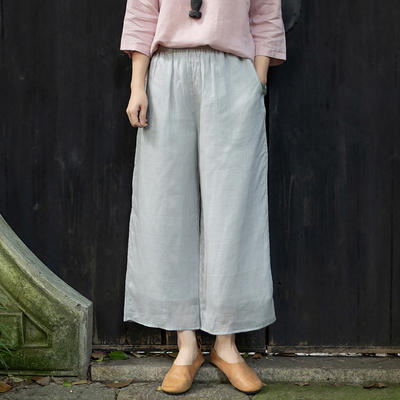 松紧腰文艺纯色双层九分阔腿裤