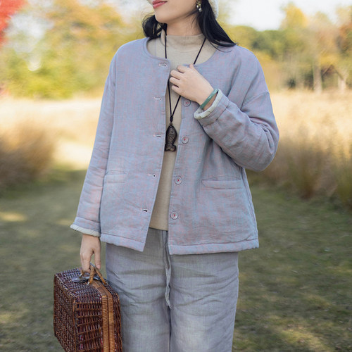文艺质感圆领单排扣色织汉麻棉服