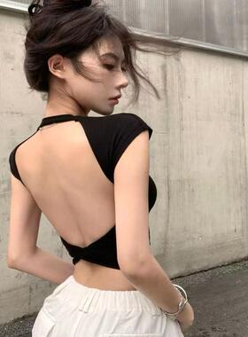 不规则设计性感露背黑色T恤纯欲带胸垫免穿内衣修身显瘦圆领短袖T