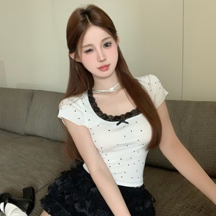 显瘦带胸垫t 甜美辣妹时尚 百搭波点短袖 T恤女款 欲蕾丝花边上衣修身