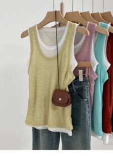 露肩美背潮 显瘦无袖 2024夏新款 多巴胺假两件吊带背心显白拼接修身