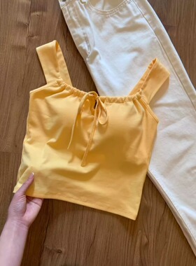 多巴胺黄色显白小吊带背心带胸垫褶皱蝴蝶结绑带宽肩设计美背上衣