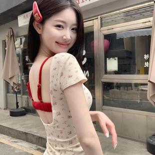 上衣t 短袖 显白T恤碎花带胸垫夏季 性感纯欲风辣妹露背修身 显瘦时尚