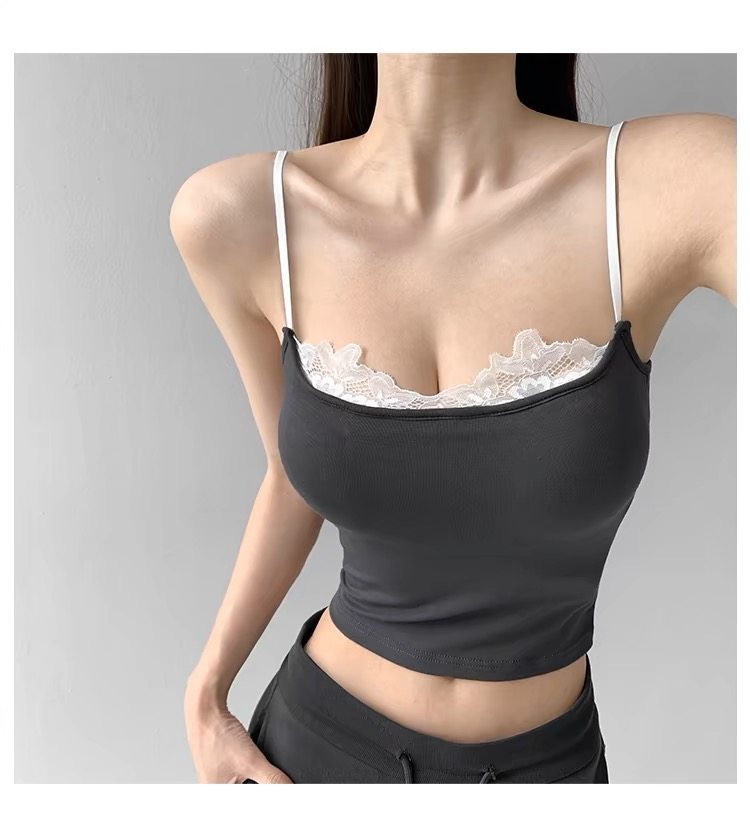 芭蕾蕾丝性感花边辣妹夏季紧身吊带背心外穿打底带胸垫固定一体式