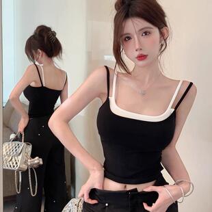 甜辣妹假两件设计感吊带背心带胸垫固定杯遮副乳修身 显瘦内搭外穿