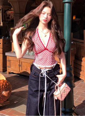 红色格子性感背后蝴蝶结美背装饰搭配吊带背心拼接蕾丝花内搭外穿