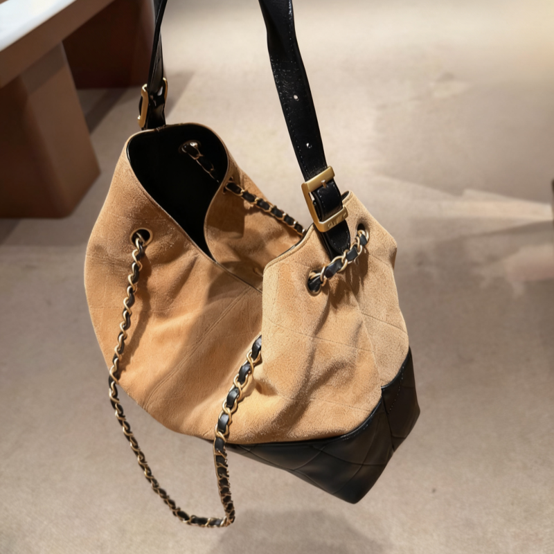 高端】25a手工麂皮拼色菱格托特包复古大容量购物袋hobo单肩女包