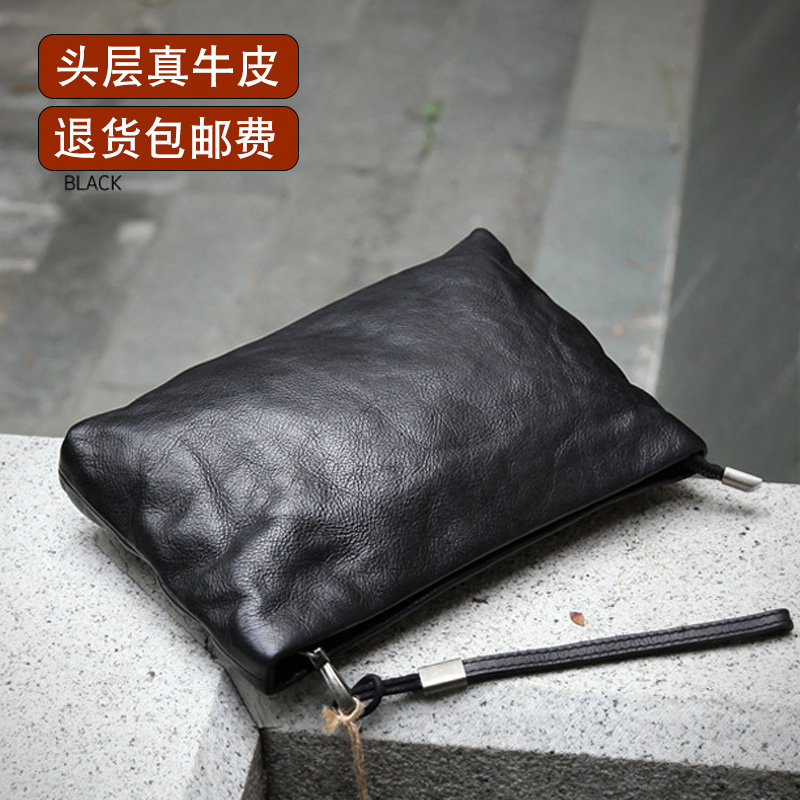 新款头层牛皮植鞣真皮男女通用大容量超软个性高端手抓包手拿包大