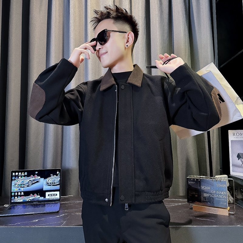 JK9114-P118控158韩版痞帅纯色个性拼接撞色翻领呢料夹克外套A，男装夹克，星座308A