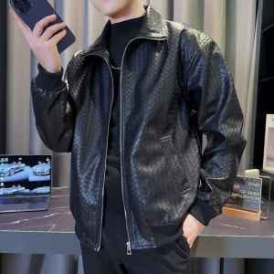 JK88029-P118控158 韩版痞帅纯色个性立领编织文理PU皮夹克外套B，男装夹克，星座308A