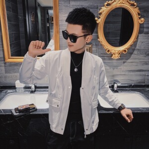 21春装社会小伙韩版纯色无领修身短款夹克外套 2 J图片