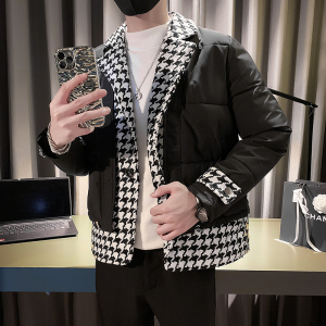 韩版潮牌拼接千鸟格西装领加厚保暖棉衣外套F M6507-P145控195，男装西服套装，星座308A