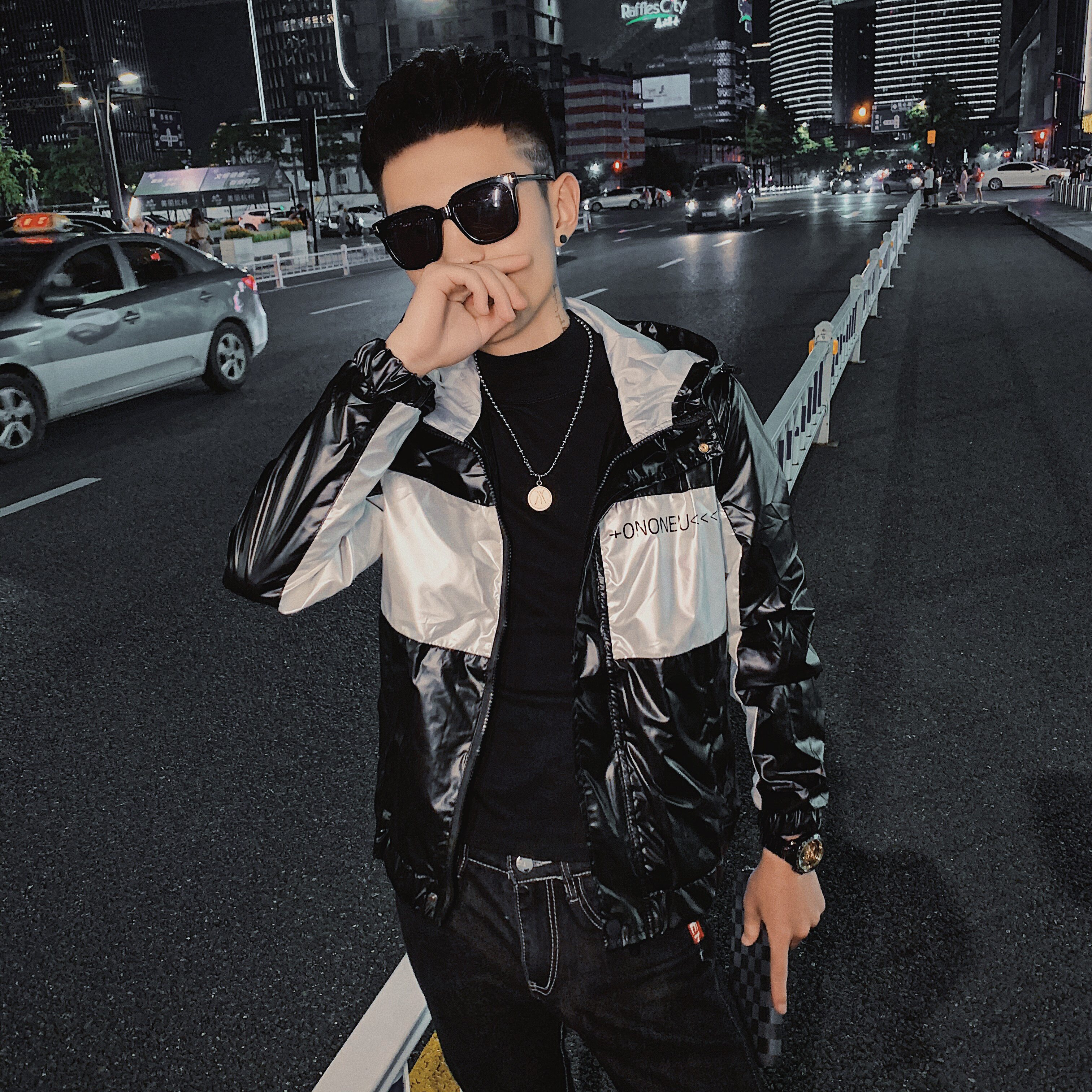 春款社会小伙修身拉链亮面夹克连帽拼接防风外套D89724,男装夹克,星座308A
