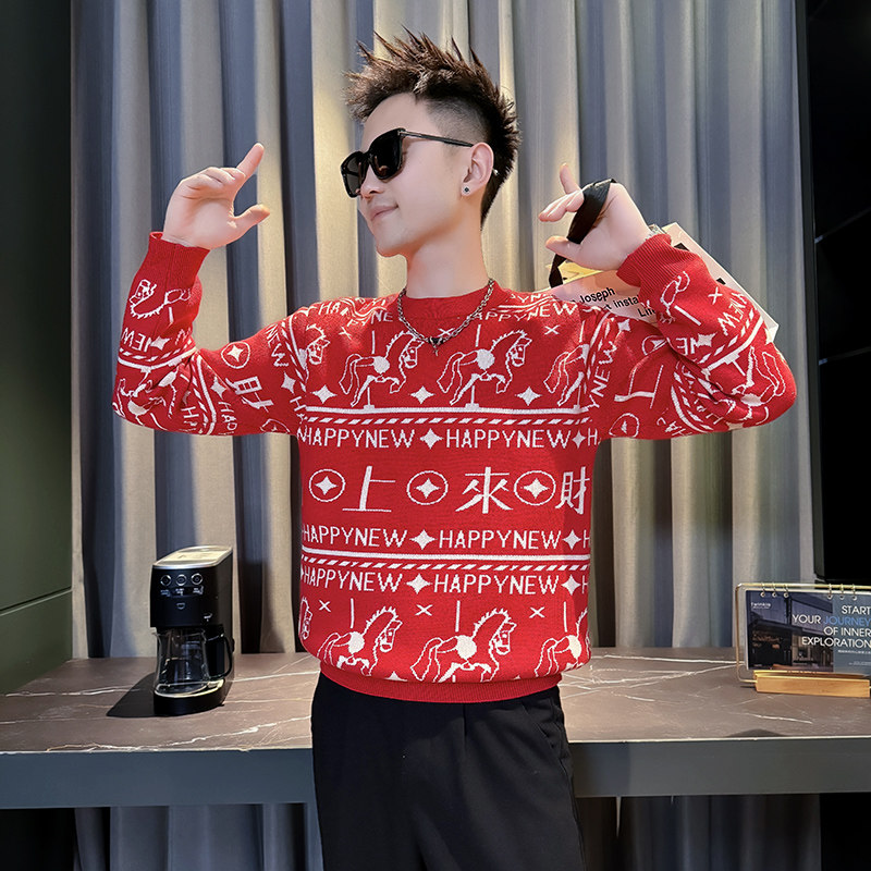 MY815-P68控9826年货大红色本命年卡通马针织衫圆领打底衫毛衣B，男装T恤，星座308A