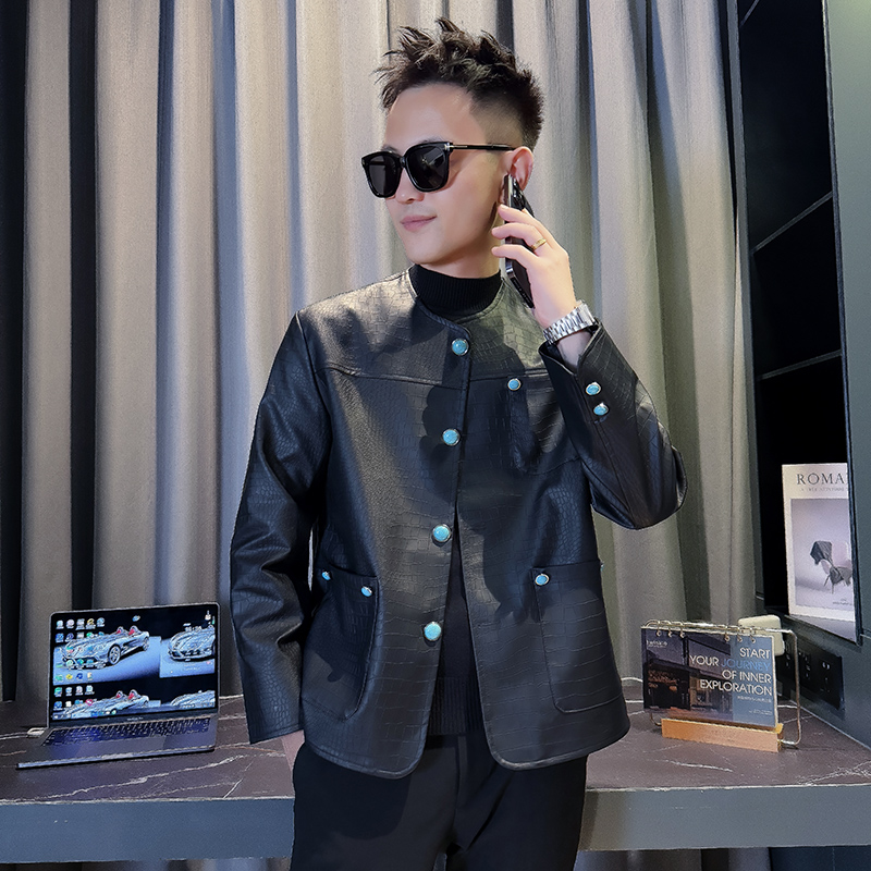 JK88008-P118控158韩版无领纯色肌理感孔雀蓝扣子夹克外套A，男装夹克，星座308A