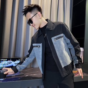 JK0910-P98控138  韩版痞帅翻领撞色拼接牛仔工装夹克外套A图片