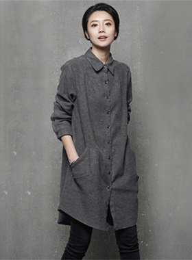 中长款衬衫女士春季小众设计感遮屁股上衣秋显瘦外套加厚磨毛衬衣