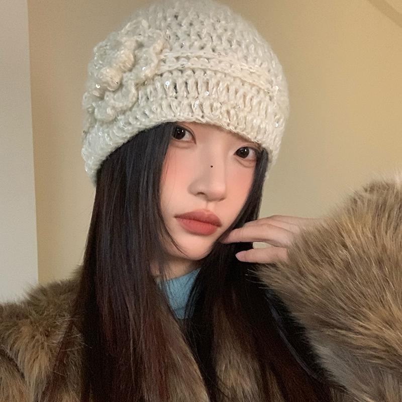 秋冬季法式花朵闪片毛线帽女