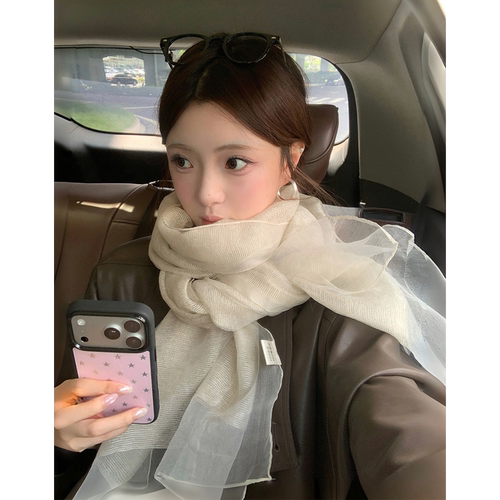 真丝羊毛混纺条纹双层网纱披肩女