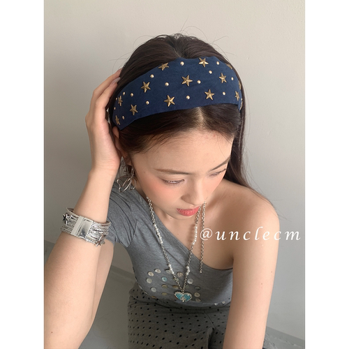 复古港风星星铆钉宽边发箍女