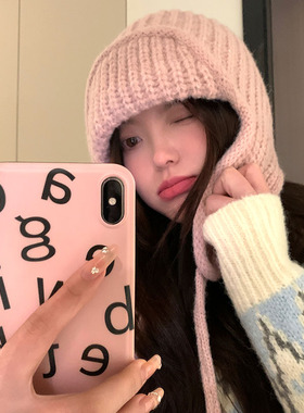 巴拉克拉法帽子女2025新款秋冬季毛线韩版护耳保暖百搭显脸小粉色